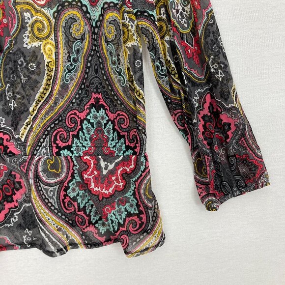 INC International Concepts Colorful Paisley Mesh Lace Up Stretch Blouse XL Boho - Picture 4 of 9